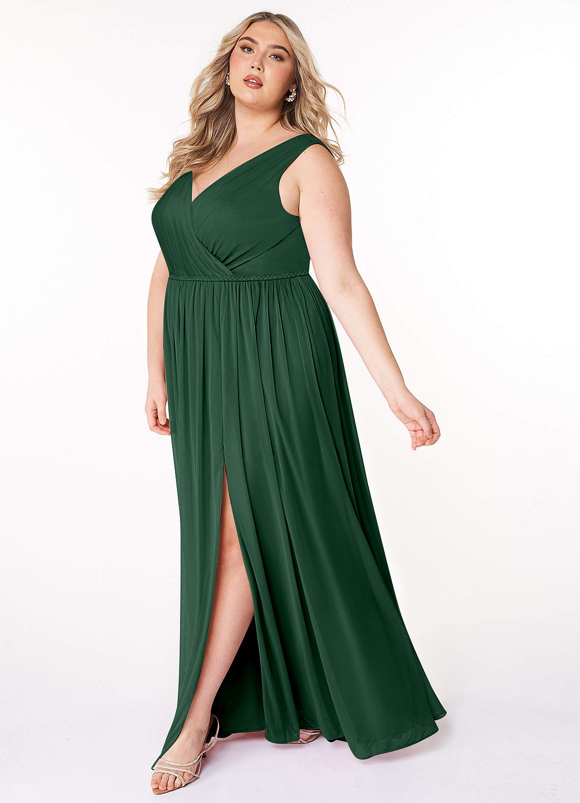 Azazie Tanicia Bridesmaid Dresses Dark Green A-Line V-Neck Pleated Mesh Dress image6