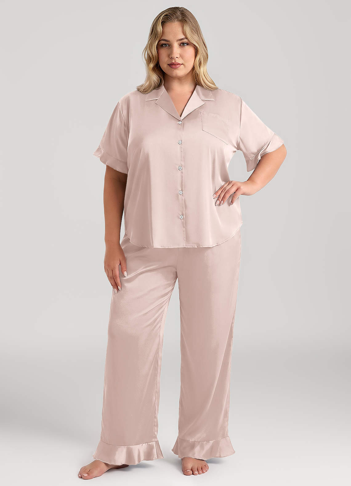front Matching Color Ruffled Short Sleeve Long Pants Pajama Set