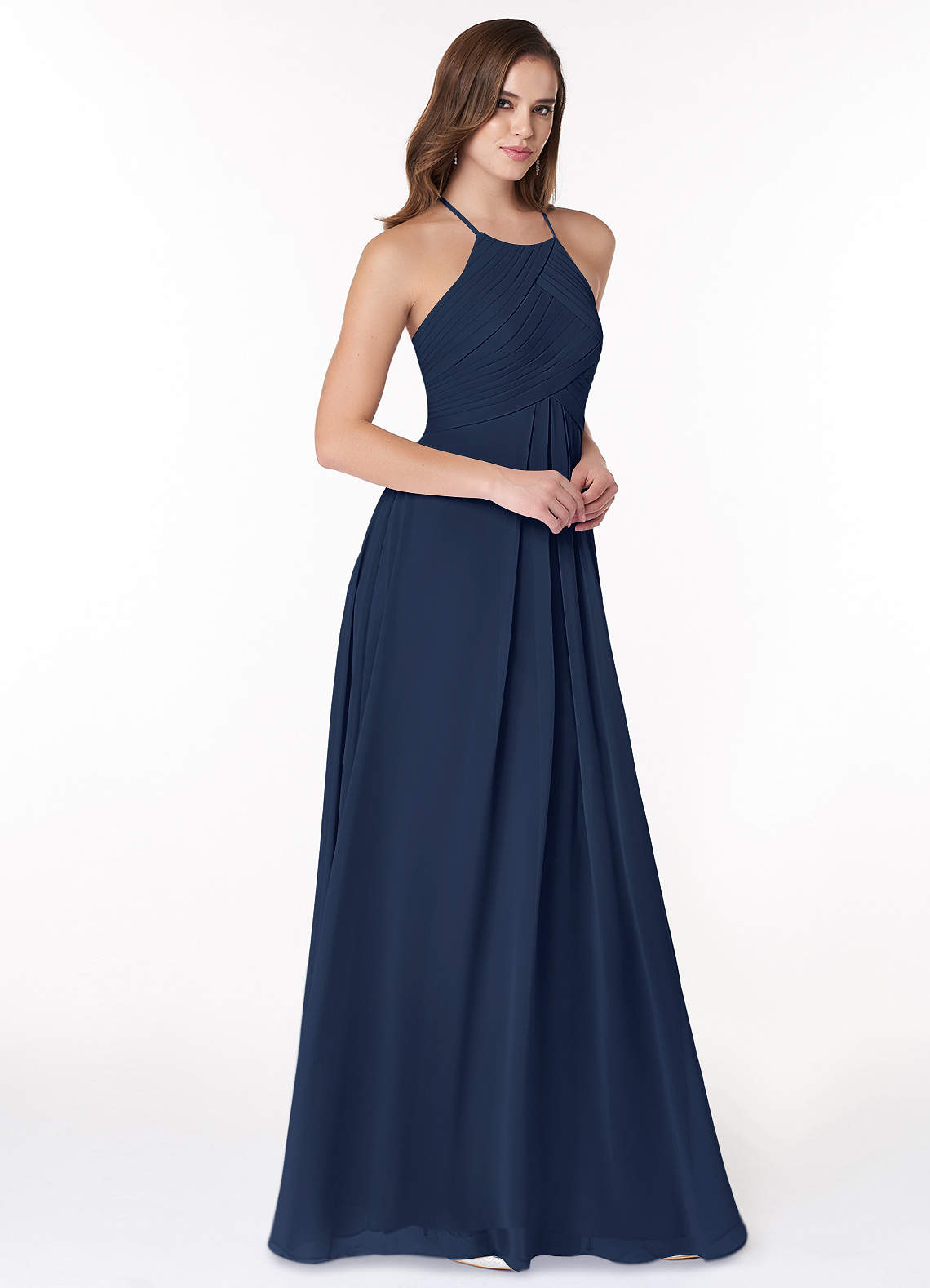 Azazie Ginger Vestidos de damas de honor Vestido de Azul Marino Oscuro de Gasa de Corte en A con Halter Plisado image1