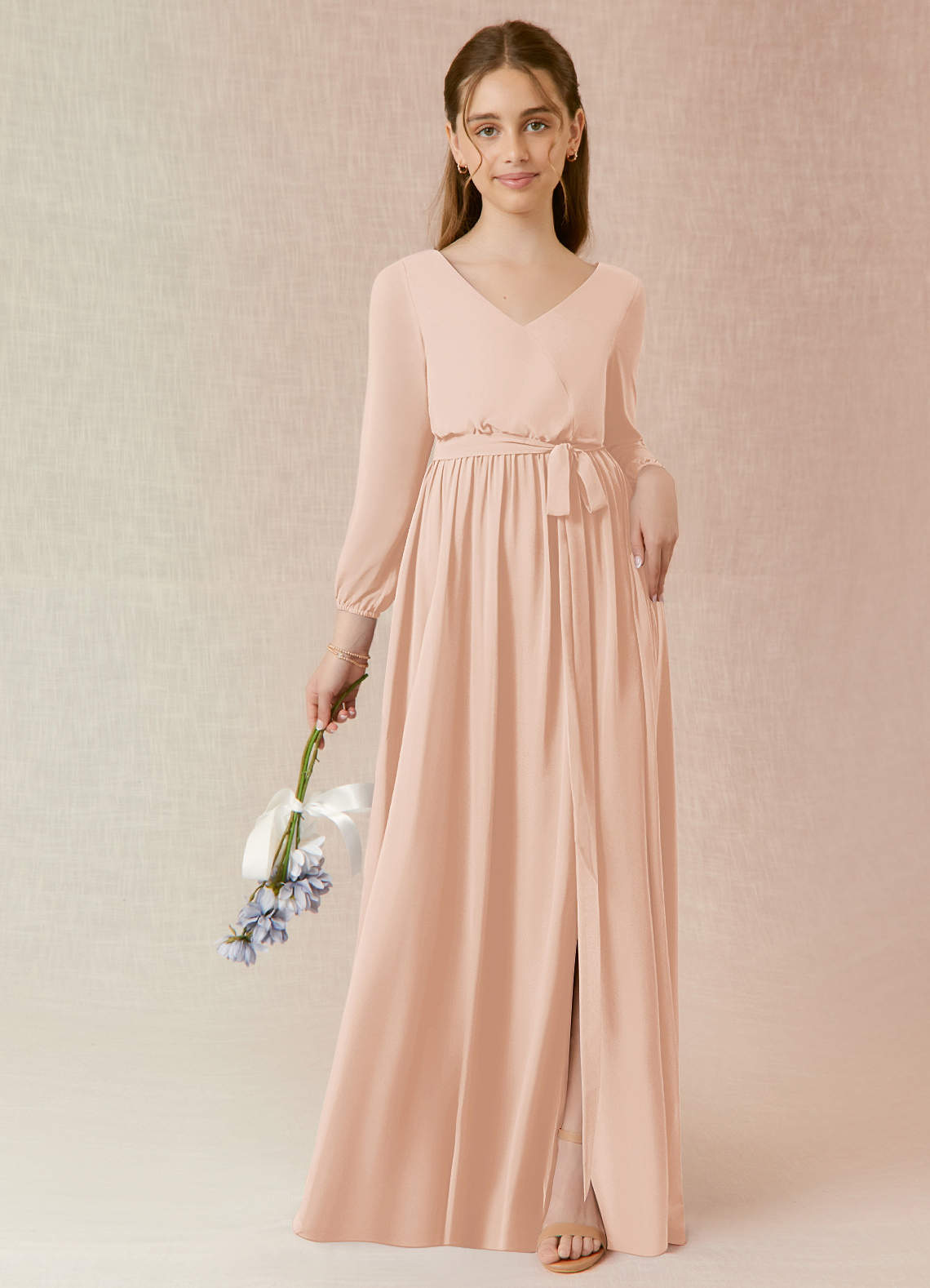 Azazie Angelica Junior Abito A-Line in Chiffon Plissettato Rosa Inglese image1