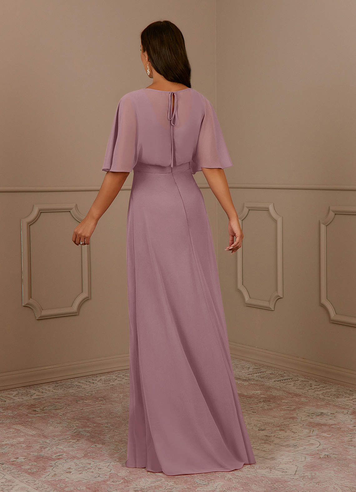 Dusty Rose A-Line V-Neck Pleated Chiffon Dress main image 0