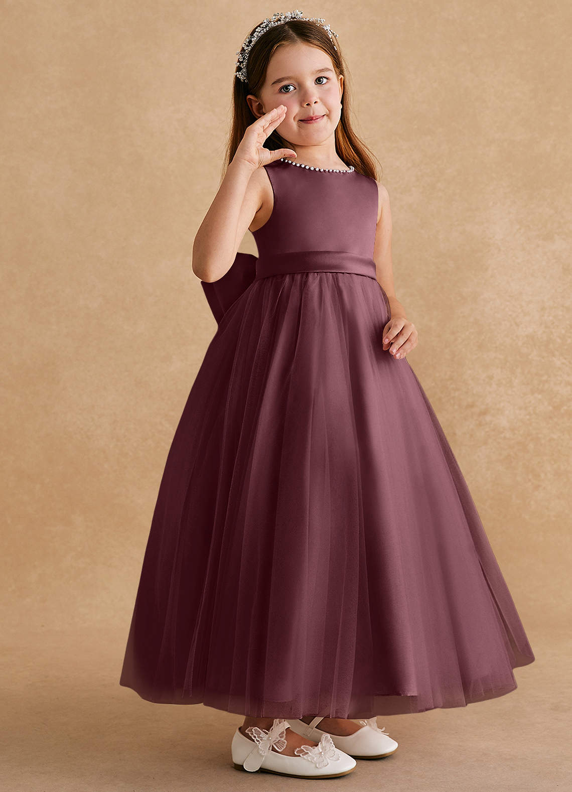 Azazie Cookie Flower Girl Dresses Sangria A-Line Bow Tulle Dress image1