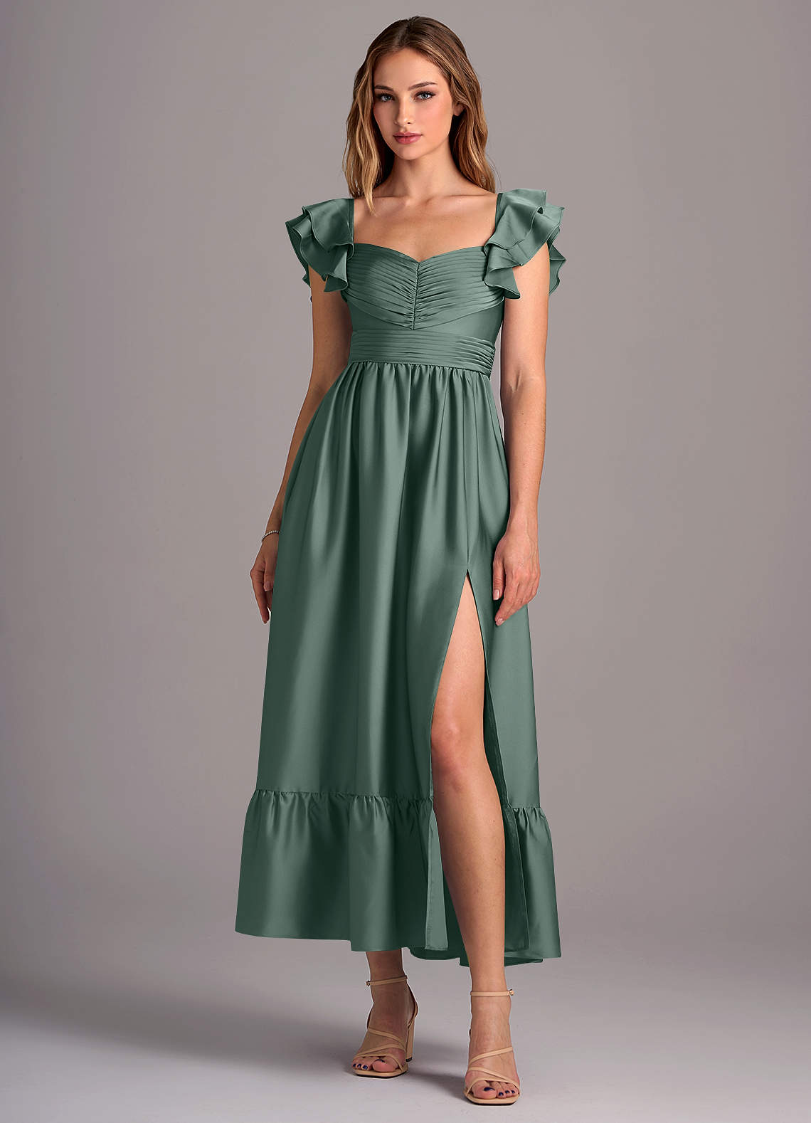Azazie Anaya Vestidos de damas de honor Vestido de Musgo Marino de Satén Elástico de Corte en A Convertible con Escote de Corazón image1