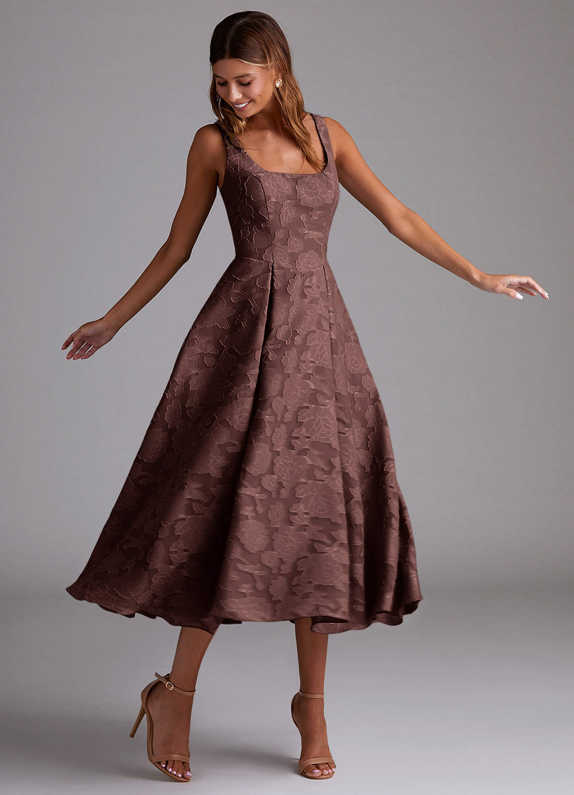 Azazie Amalie At-home Try On Dresses Dusty Blue A-Line Pleated Floral Burnout Dress image2