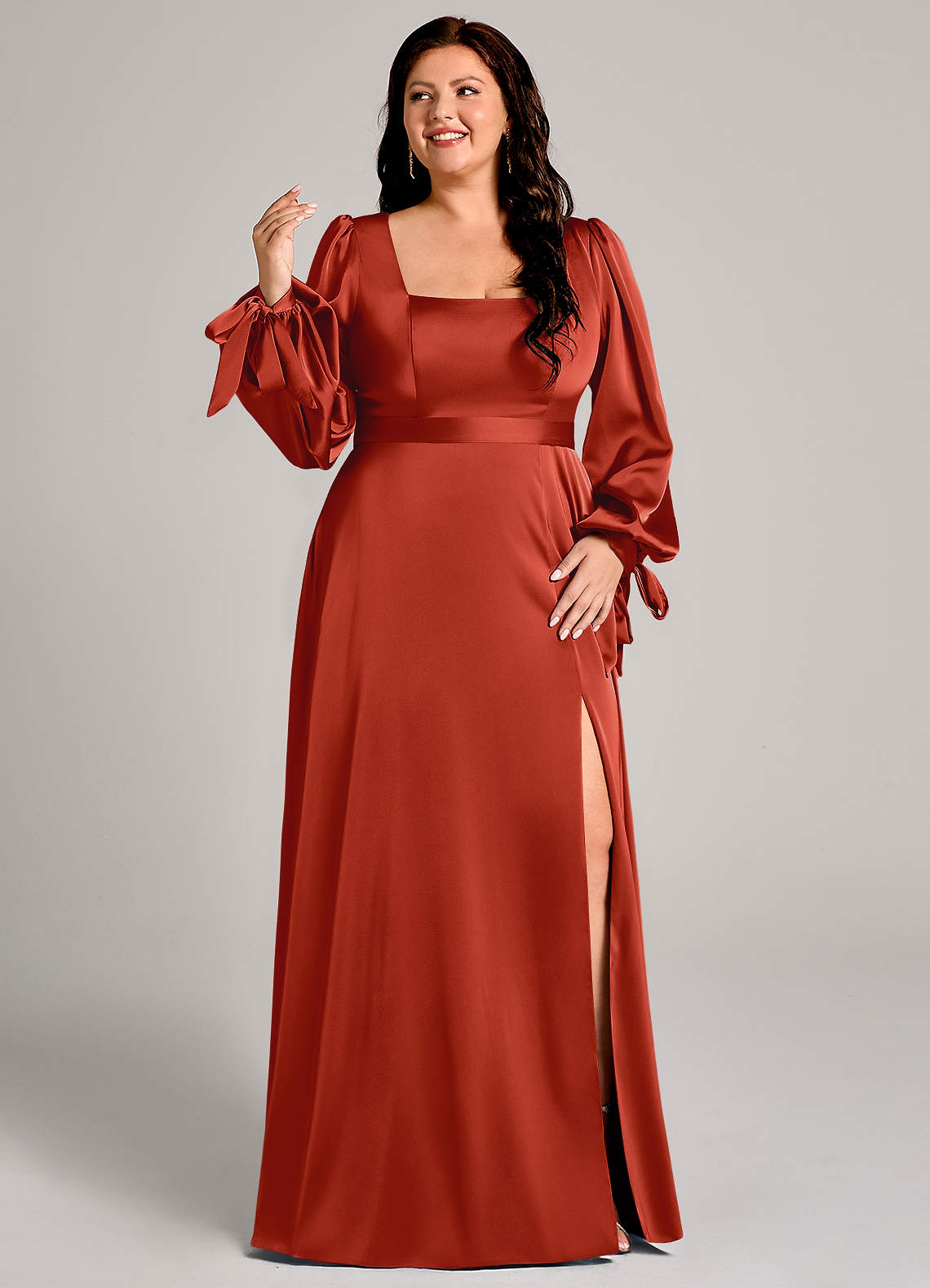 rust long sleeve bridesmaid dress Wedtrend Women Rust Red A-Line Ruched Cap Sleeves Long Chiffon Bridesmaid  Dress with Slit – WEDTREND main image 1