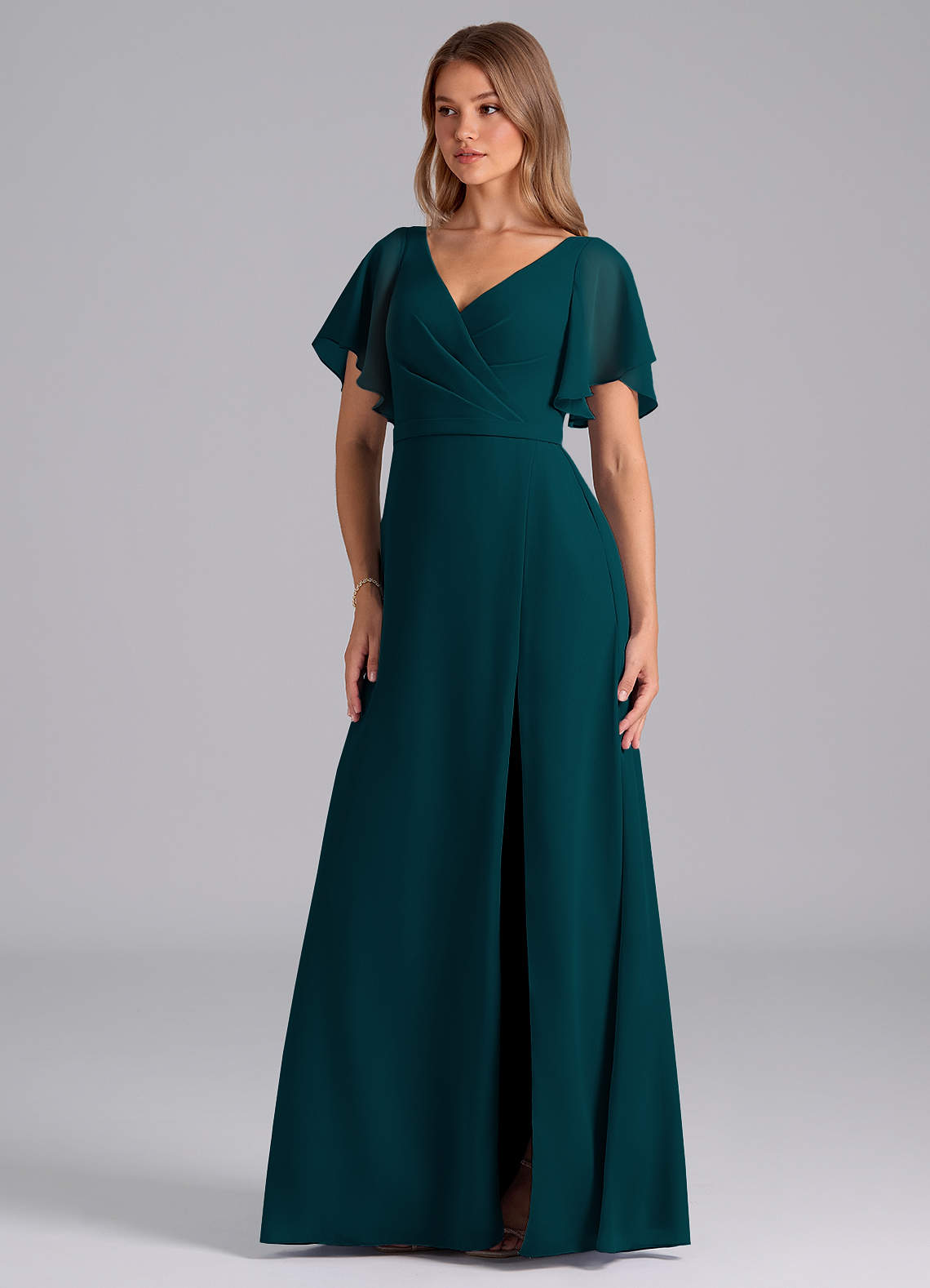 Azazie Ambrosia Robes de demoiselle d'honneur Robe Trapèze en Mousseline de soie Plissée Vert Pin image1
