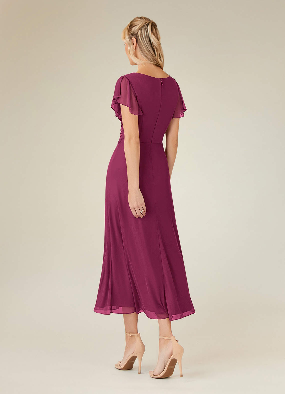 Azazie Vera At-home Try On Dresses Mulberry A-Line V-Neck Pleated Mesh Dress image2
