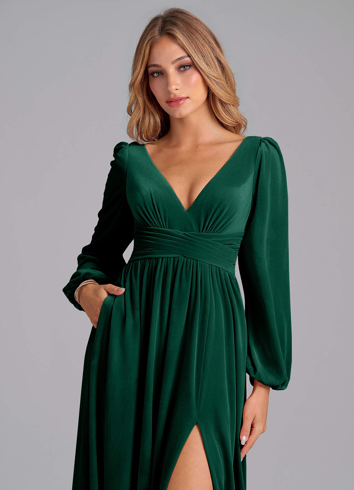 Azazie Norah Bridesmaid Dresses Emerald A-Line Long Sleeve Velvet Dress image1