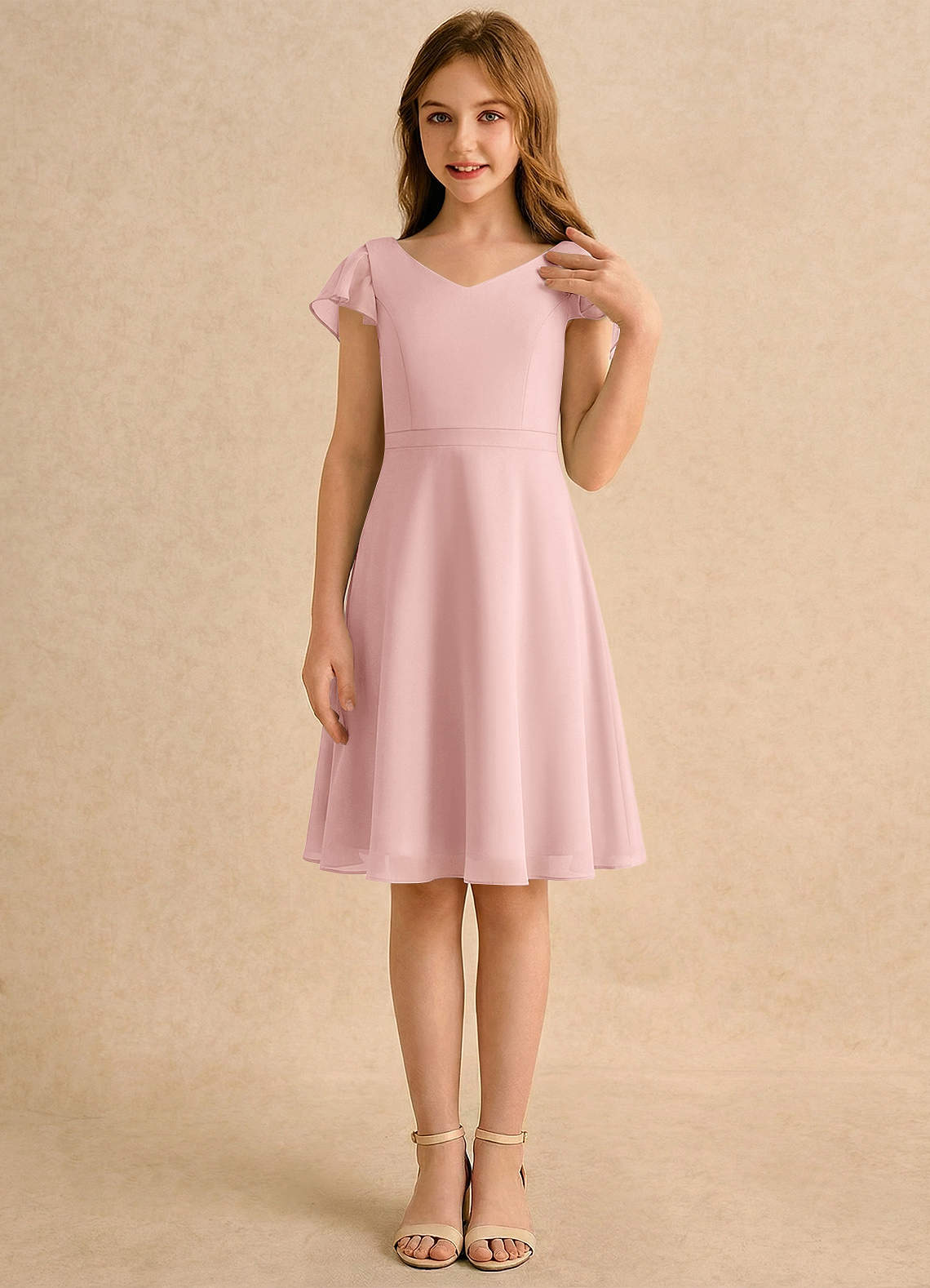 Azazie Narin Girls Formal Flower Girl Klänningar Klänning A-Line i Chiffong med ärmar image3