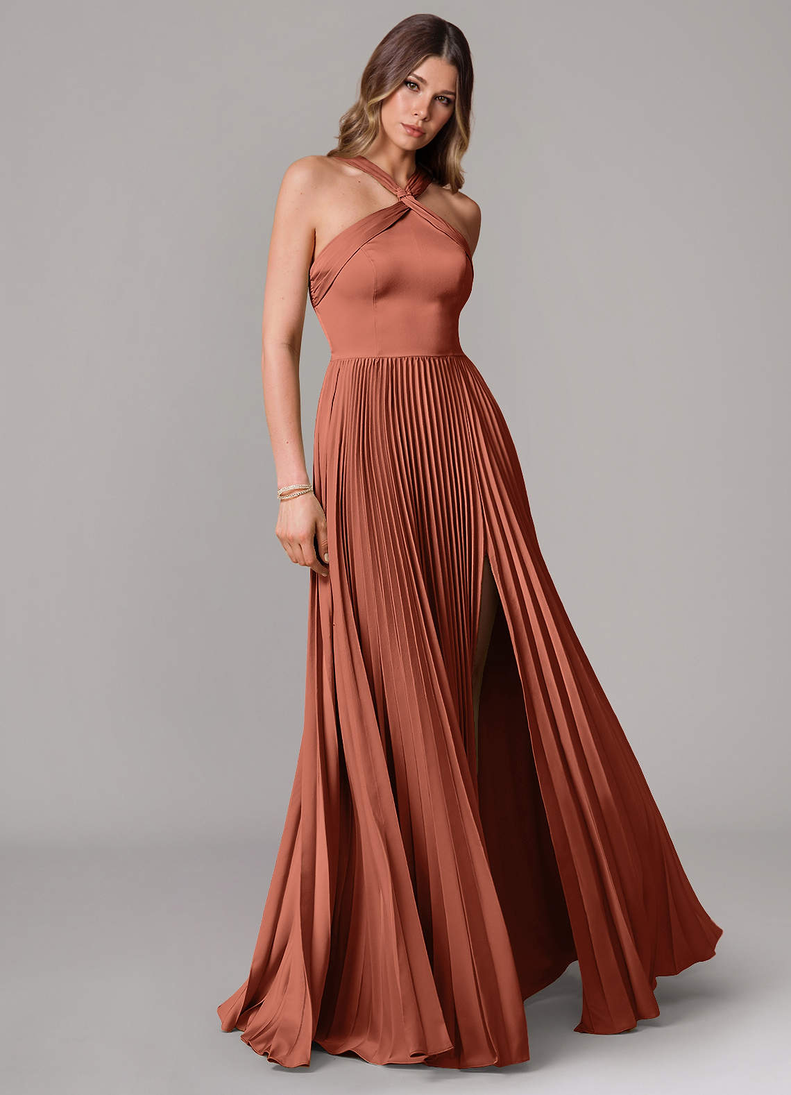 Azazie Afra Bridesmaid Dresses Clay A-Line Pleated Stretch Satin Dress image1