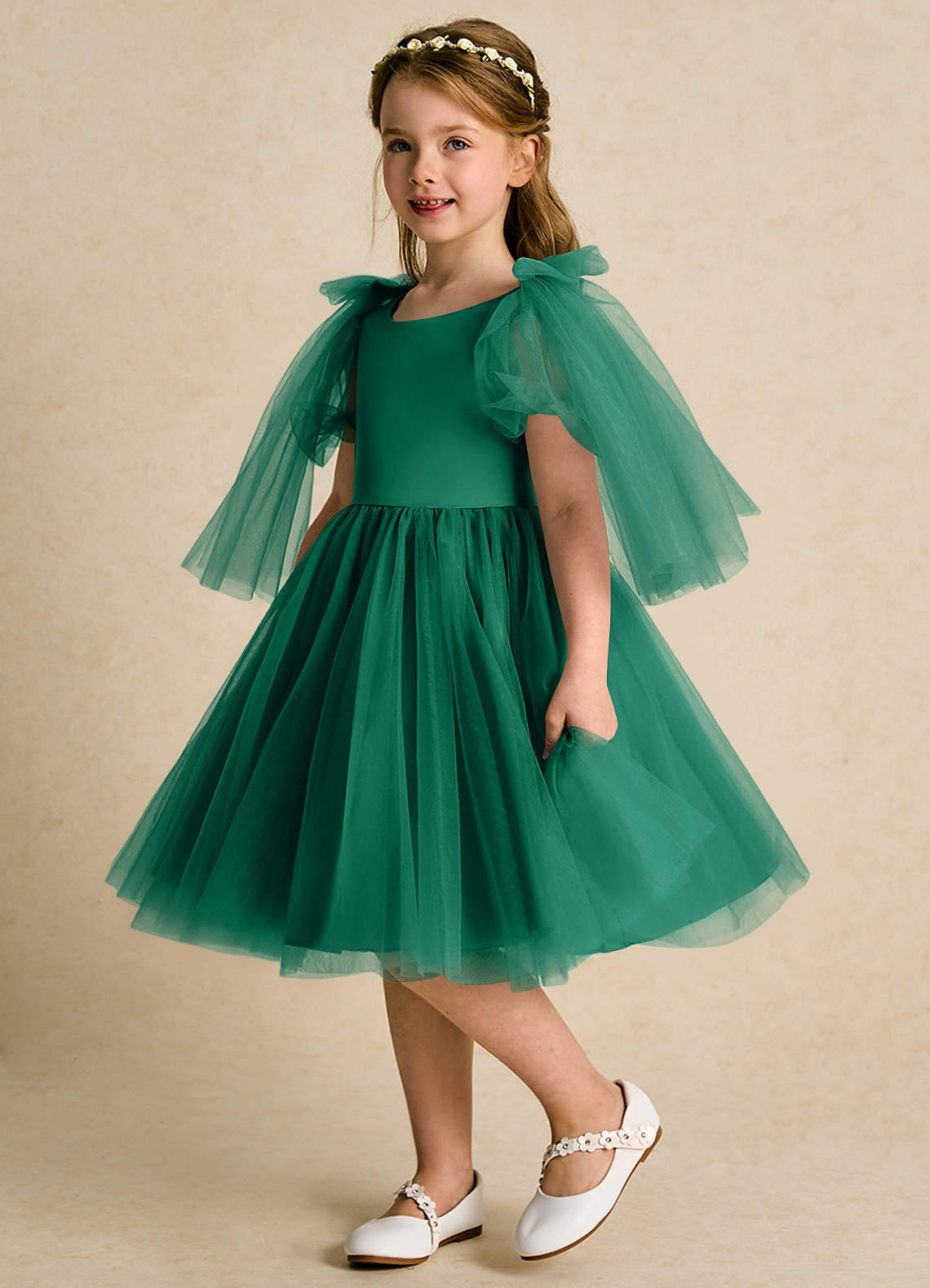 Azazie Duchess Blumenmädchenkleider A-Linie mit ärmel Tüll Kleid Smaragd image1