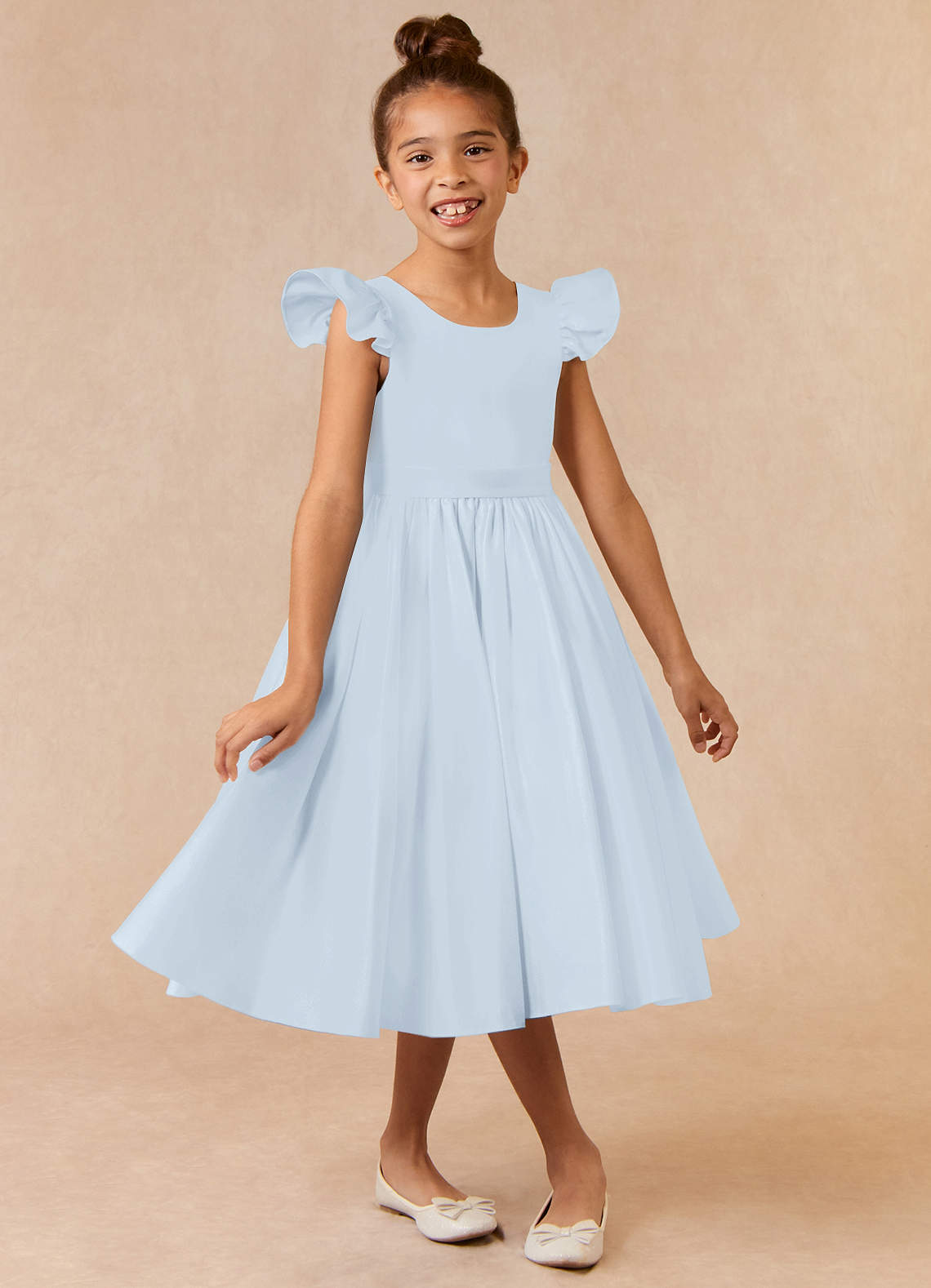 Mist Azazie Violeta Ball-Gown Bow Matte Satin Tea-Length Dress | Azazie