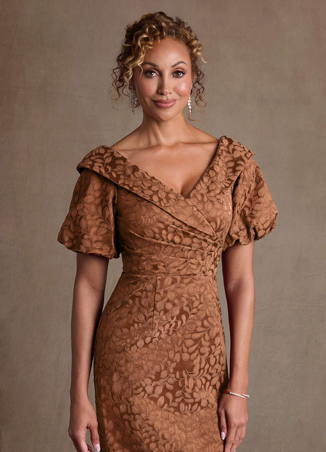 Azazie Amala Caramel Cocoa Column Pleated Floral Jacquard Dress