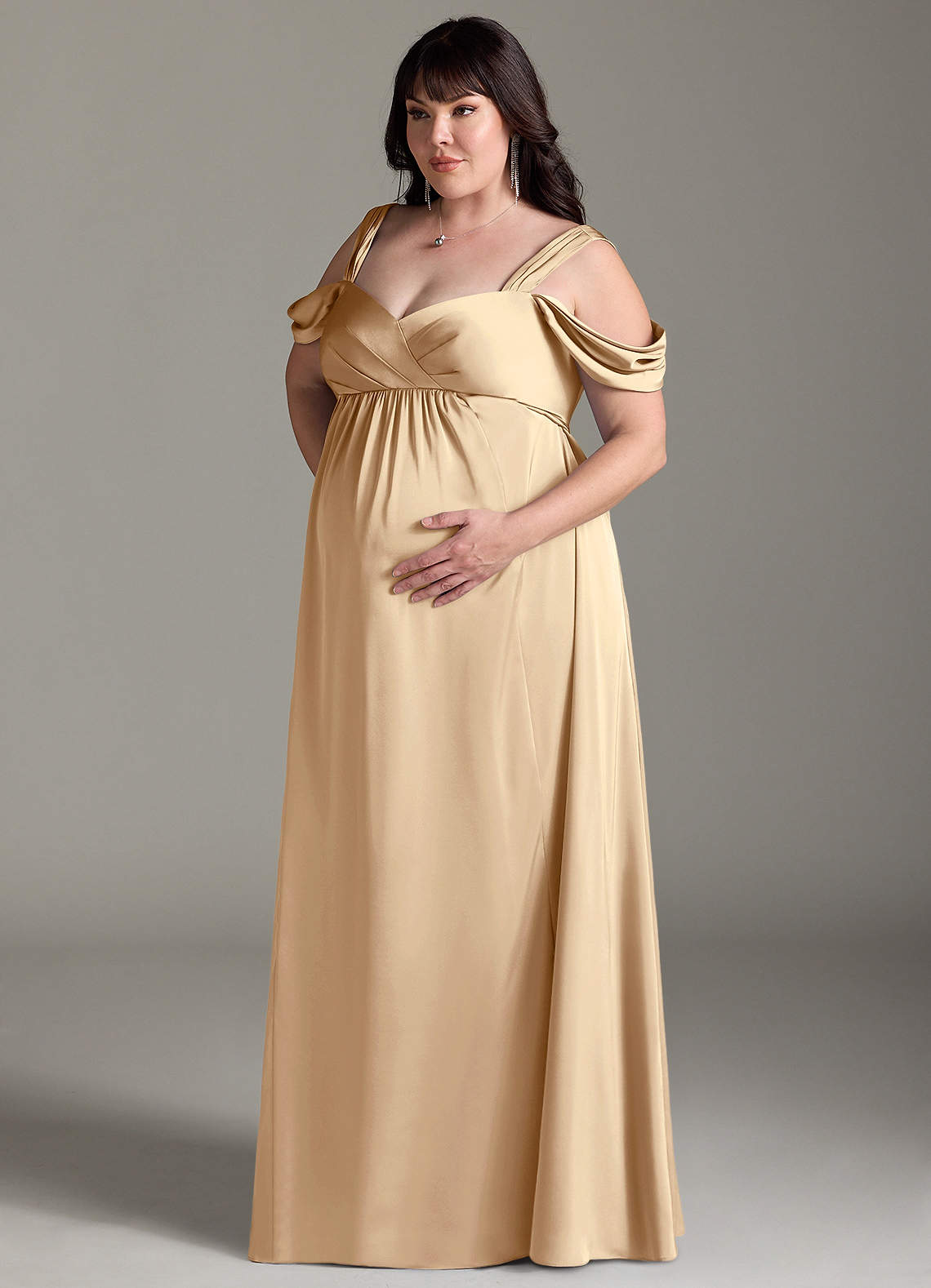 Azazie Rhea Maternity Bridesmaid Dresses A-Line Off-The-Shouler Pleated Stretch Satin Floor-Length Dress image10