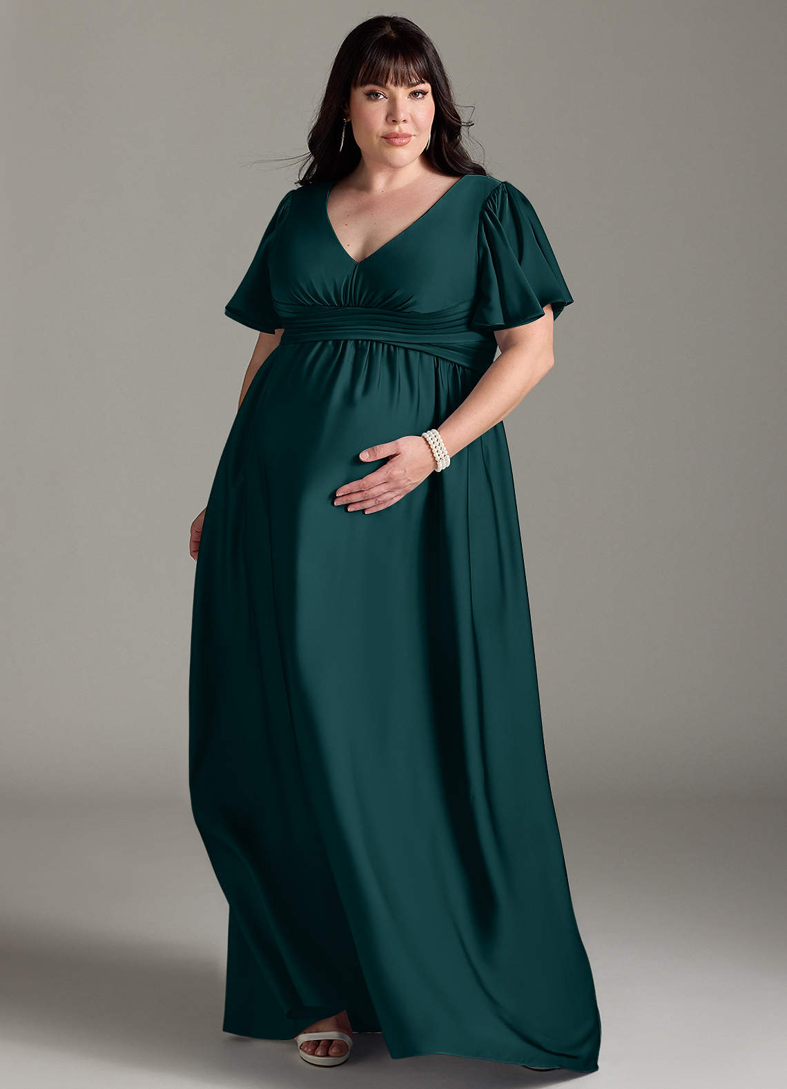 Azazie Verna Maternity Bridesmaid Dresses A-Line Ruched Stretch Satin Floor-Length Dress image1