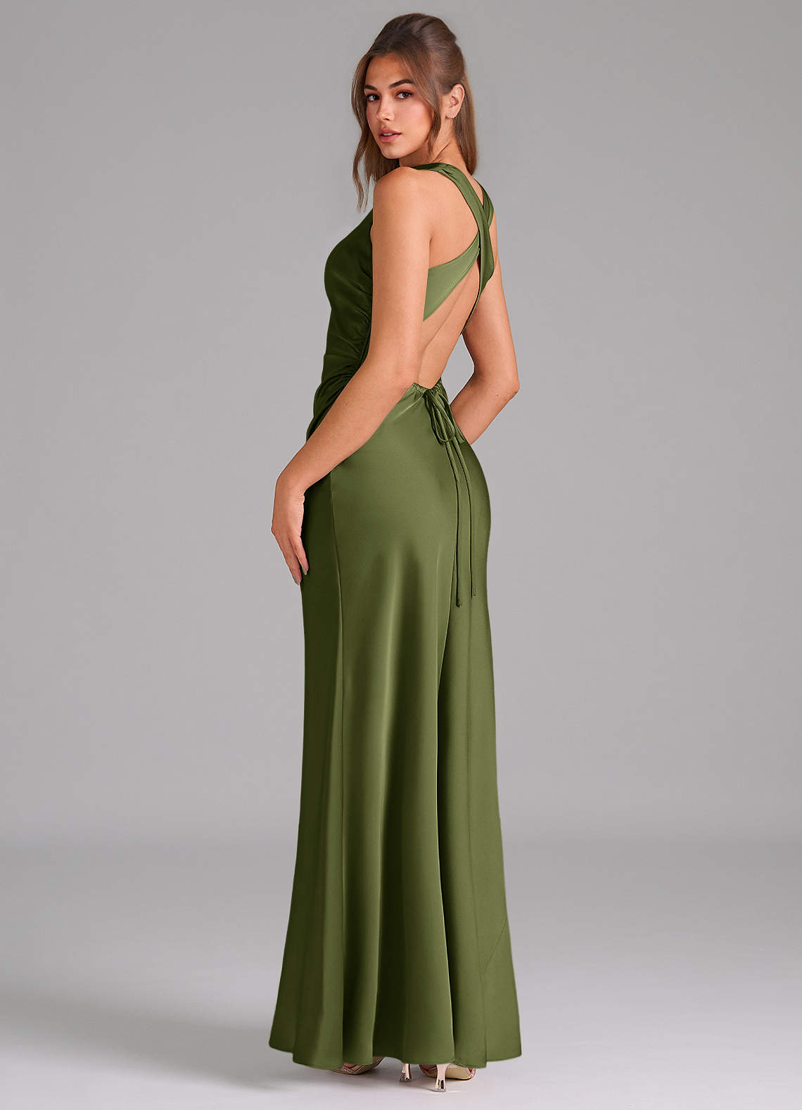 Azazie Evadne Bridesmaid Dresses Olive Sheath Pleated Stretch Satin Dress image4