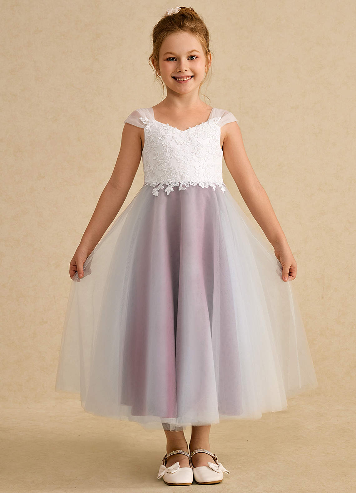 Azazie Momo Flower Girl Dresses Ivory Burgundy A-Line Lace Dress image1
