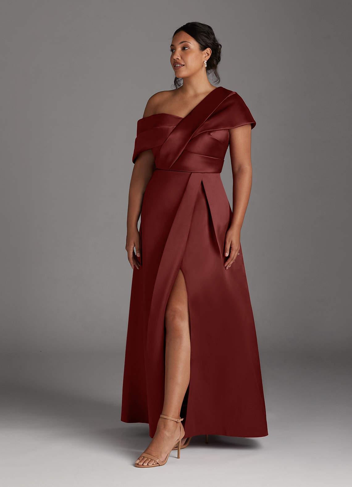 Azazie Marissa At-home Try On Dresses Burgundy A-Line Pleated  Mikado Dress image7