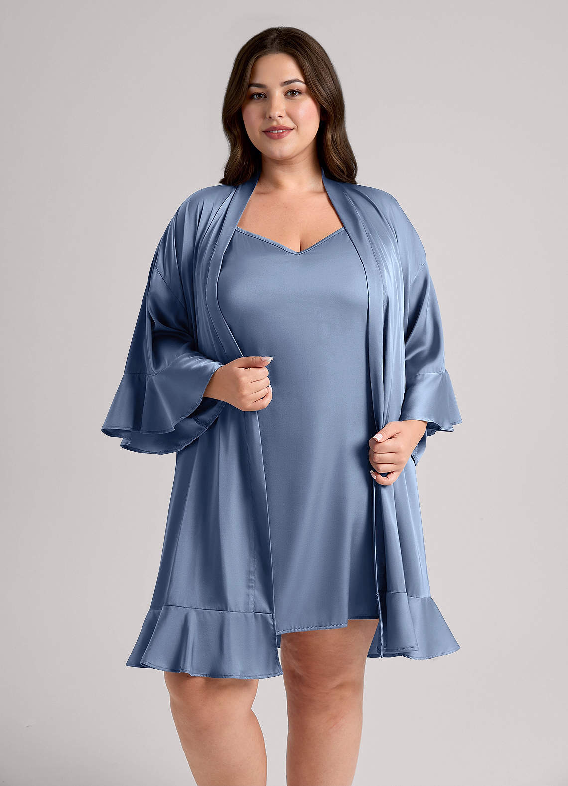 front 2-Piece Ruffle Satin Robe and Slip Set