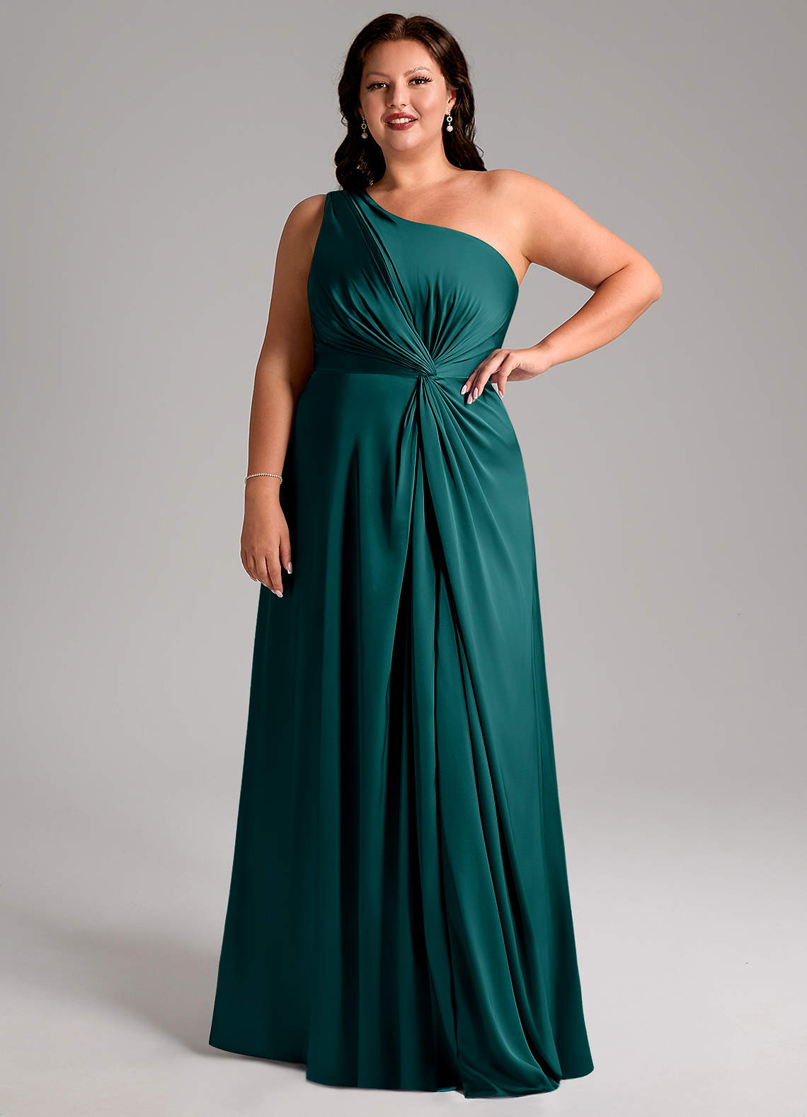 Azazie Brooke Abiti da Damigella Abito A-Line in Raso Elasticizzato Monospalla Verde Pavone image11