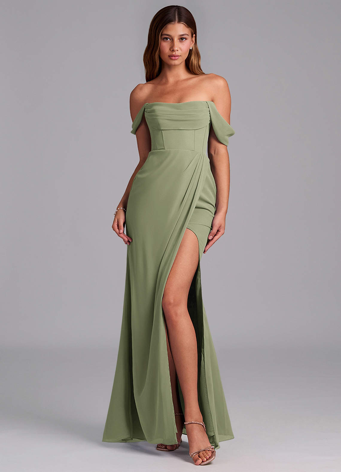 Azazie Johana Brautjungfernkleider Wandelbar Meerjungfrau-Linie Schulterfrei Chiffon Kleid Pistazie image2