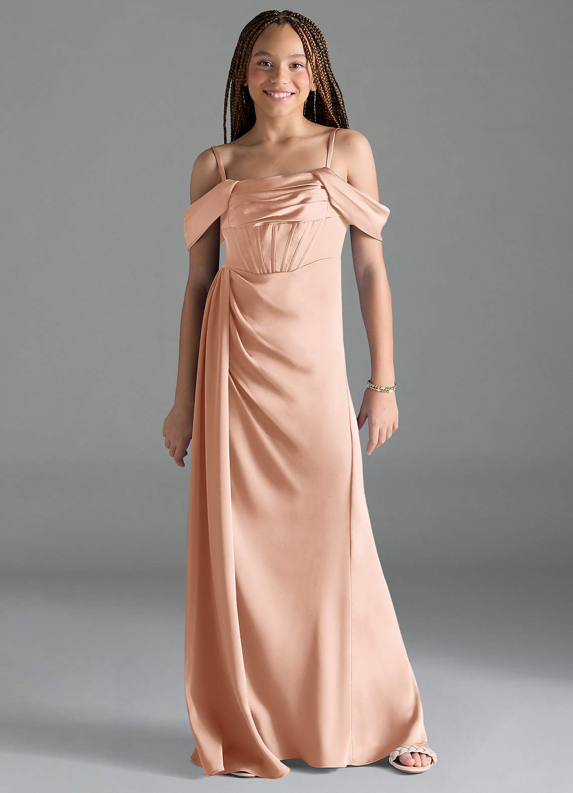 Azazie Amyra Junior Rose Gold Sheath Off the Shoulder Stretch Satin Dress image1