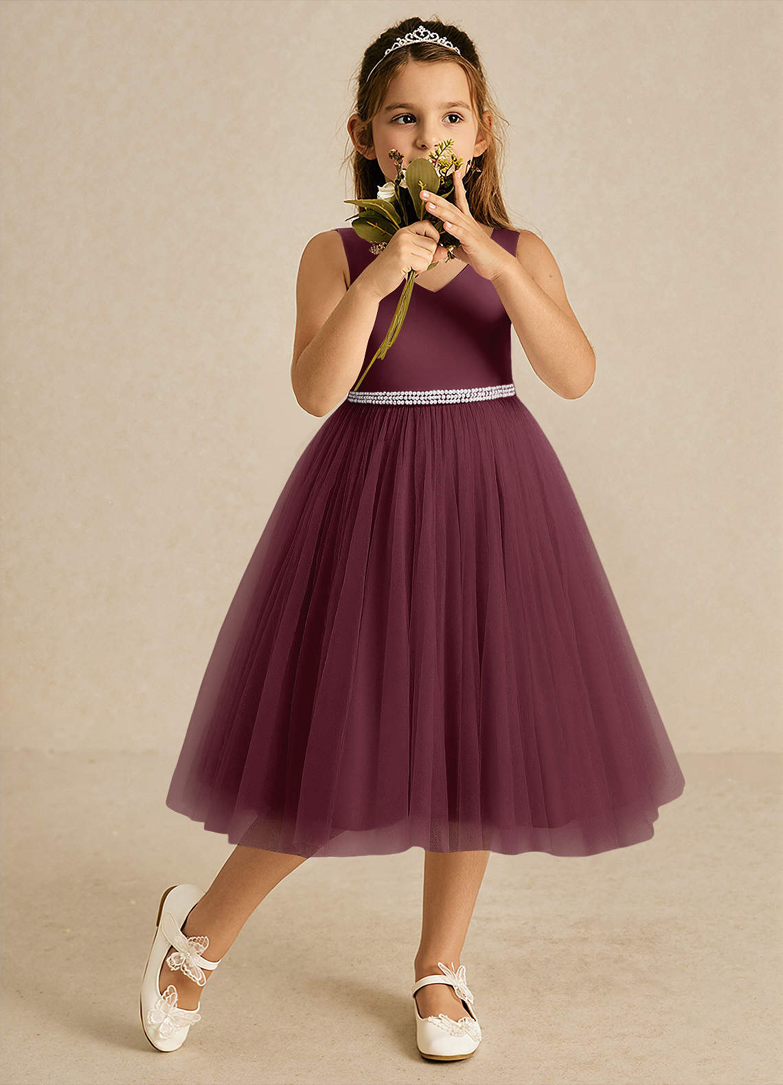 Azazie Firefly Flower Girl Dresses Cabernet A-Line Bow Matte Satin Dress image1