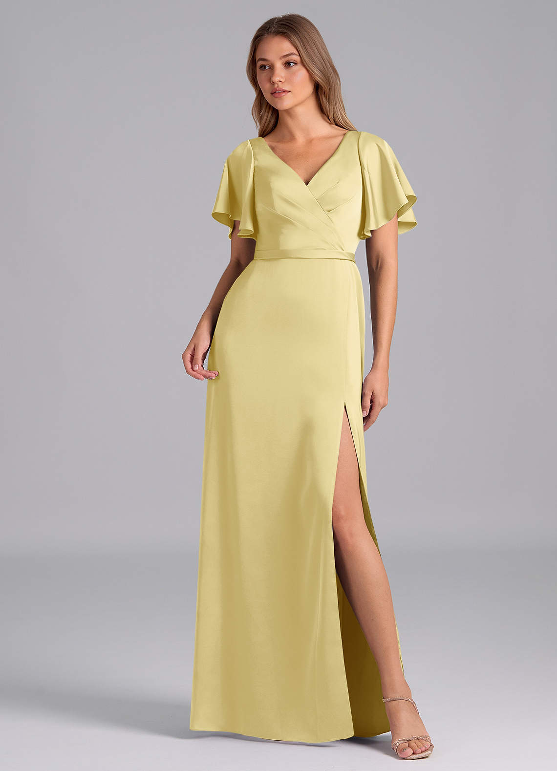 Azazie Ambrosia Bridesmaid Dresses Lemon Sorbet A-Line Pleated Stretch Satin Dress image1
