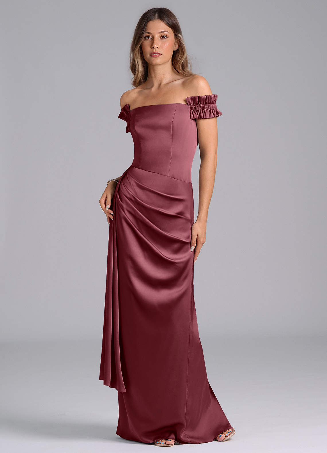Azazie Kalysia Bridesmaid Dresses Desert Rose Mermaid Off the Shoulder Stretch Satin Convertible Dress image1