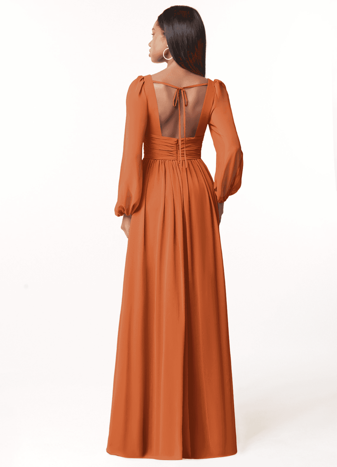 Azazie Norah Bridesmaid Dresses Cinnamon A-Line V-Neck Long Sleeve Chiffon Dress image1