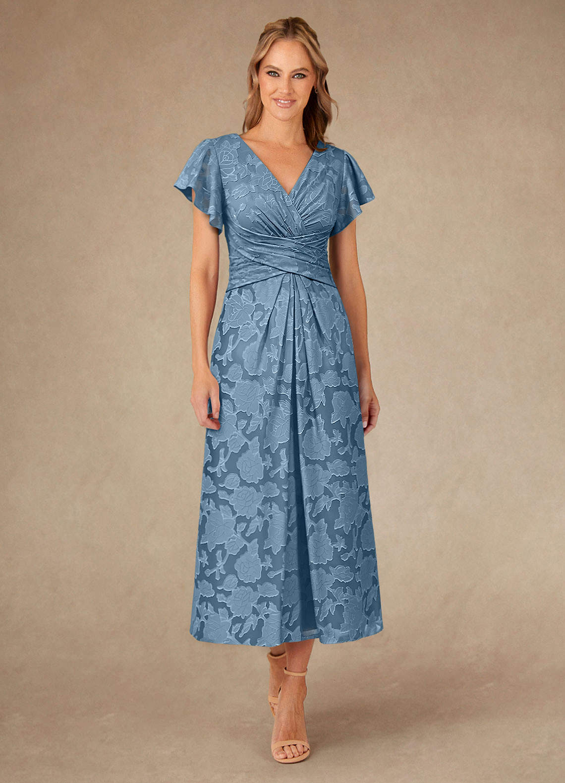 Azazie Vera Abiti per la Madre della Sposa Abito A-Line in Burnout Floreale Plissettato Blu Acciaio image1
