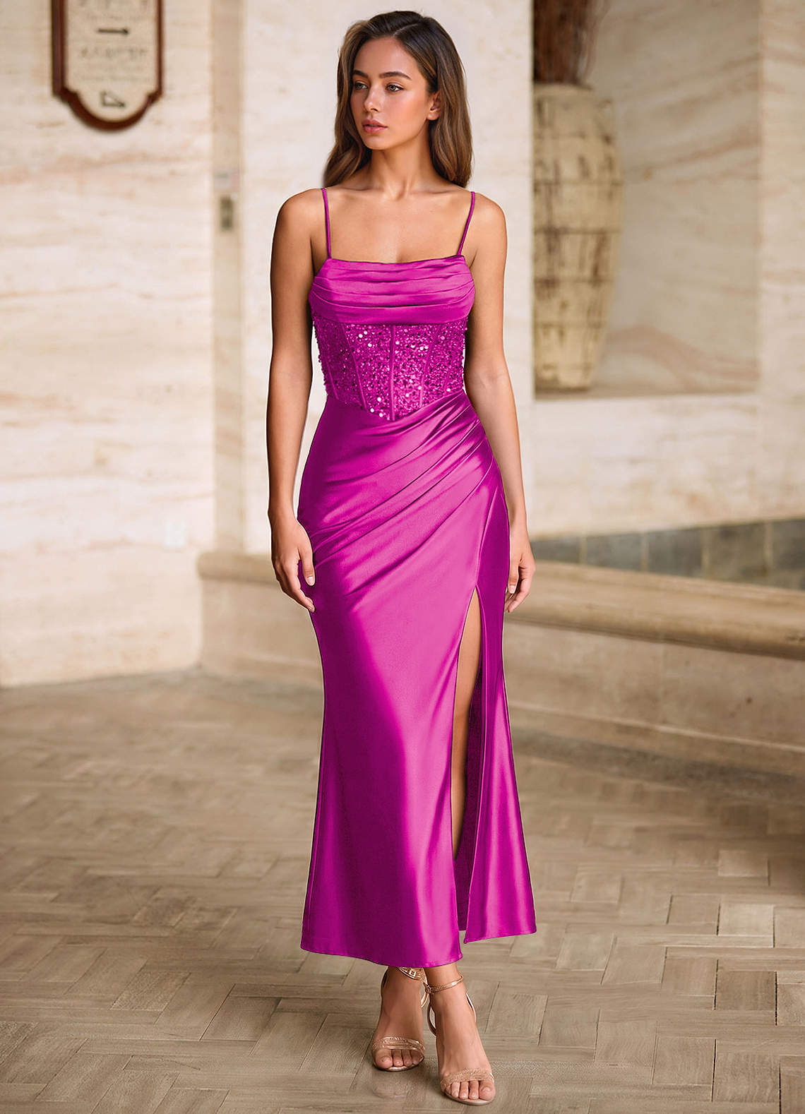 magenta glitter dress Ladivine CM328 Size 2 Magenta Floral Mermaid Glitter Prom Dress Corset Formal Gown Sequin Shimmer