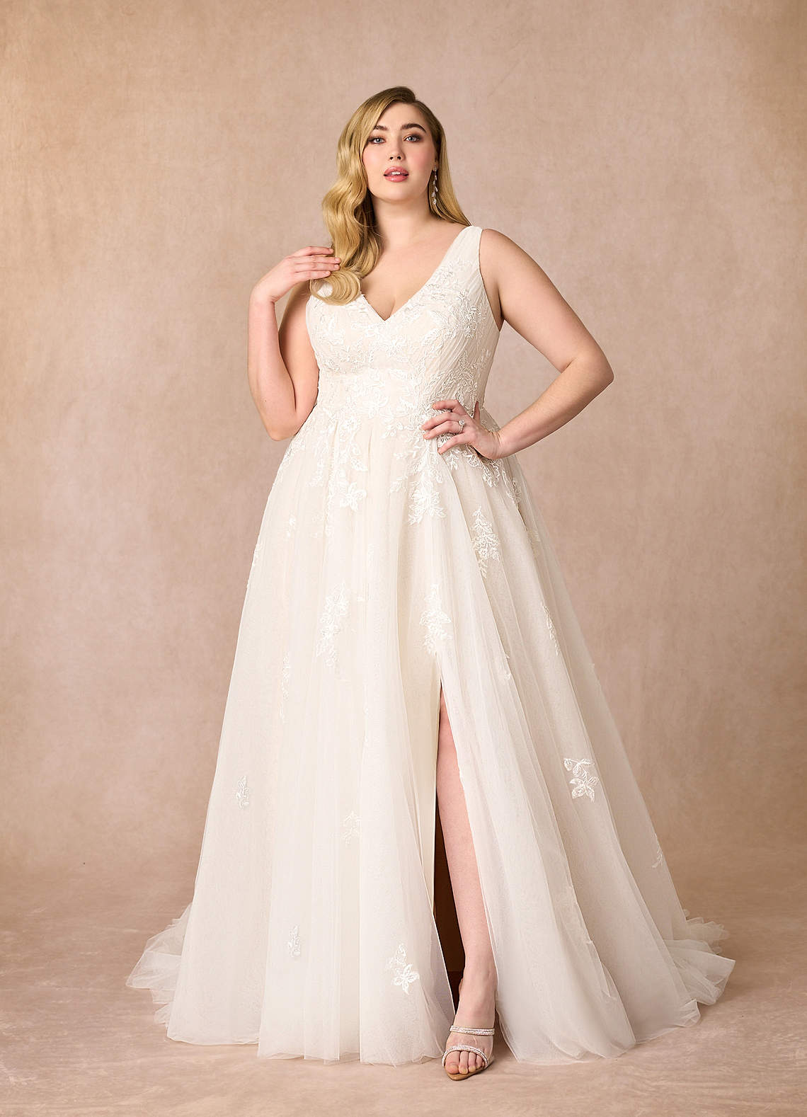 Azazie Joie Hochzeitskleider A-Linie V-Hals Pailletten Tüll Kleid Diamantweiß Champagner image1