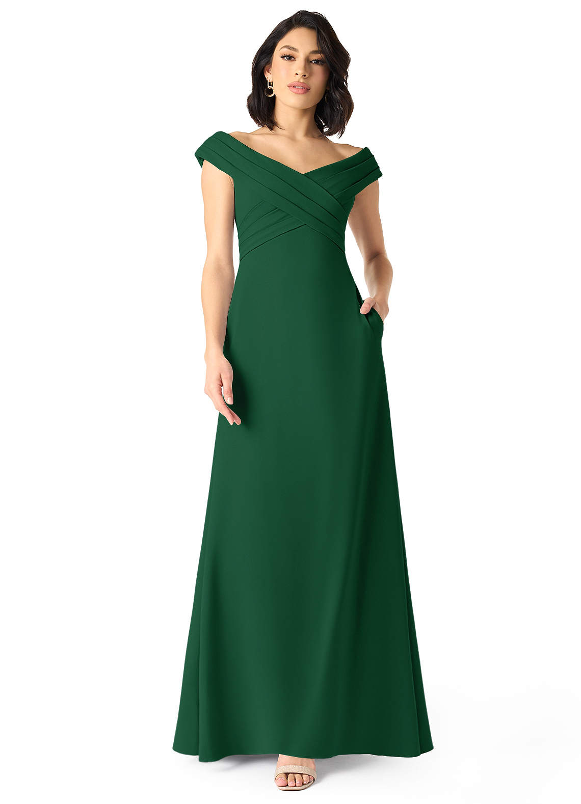 Azazie Evita Bridesmaid Dresses Dark Green A-Line Off the Shoulder Stretch Crepe Dress image1
