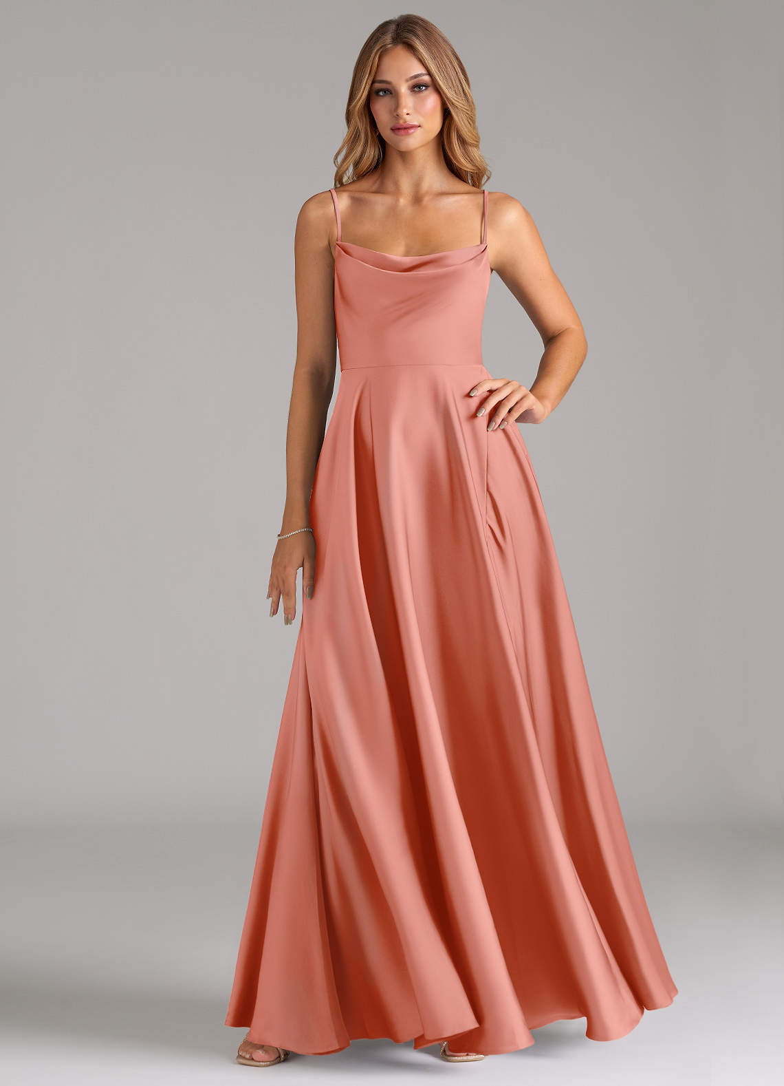 Azazie Elle Bridesmaid Dresses Coral A-Line Pleated Stretch Satin Dress image1