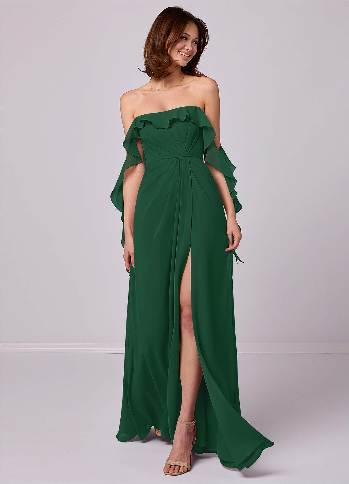 Barbie ♥ Azazie Vestidos de madrinha de casamento Vestido Verde Escuro de Chiffon de Linha A com Fora do ombro image1