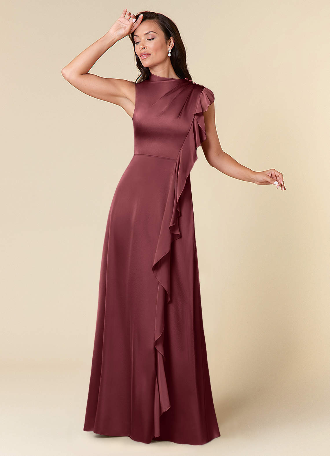Azazie Narine Mother of the Bride Dresses Merlot A-Line High Neckline Pleated Stretch Satin Dress image1