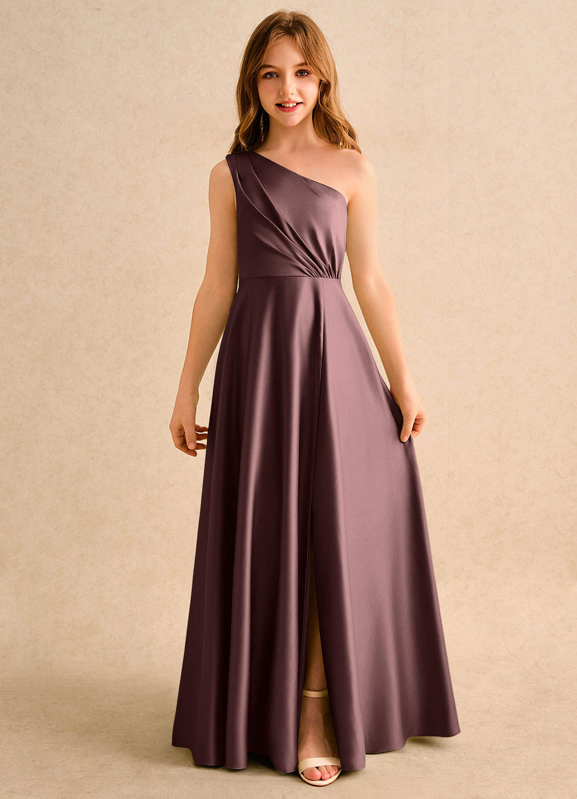 Azazie Puddles Girls Formal Flower Girl Dresses Espresso A-Line One Shoulder Matte Satin Dress image3