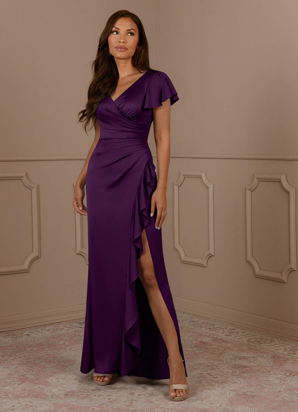 Azazie Roya Kleider für die Brautmutter Meerjungfrau-Linie Plissee mit V-Ausschnitt Stretch-Satin Kleid Traube image1
