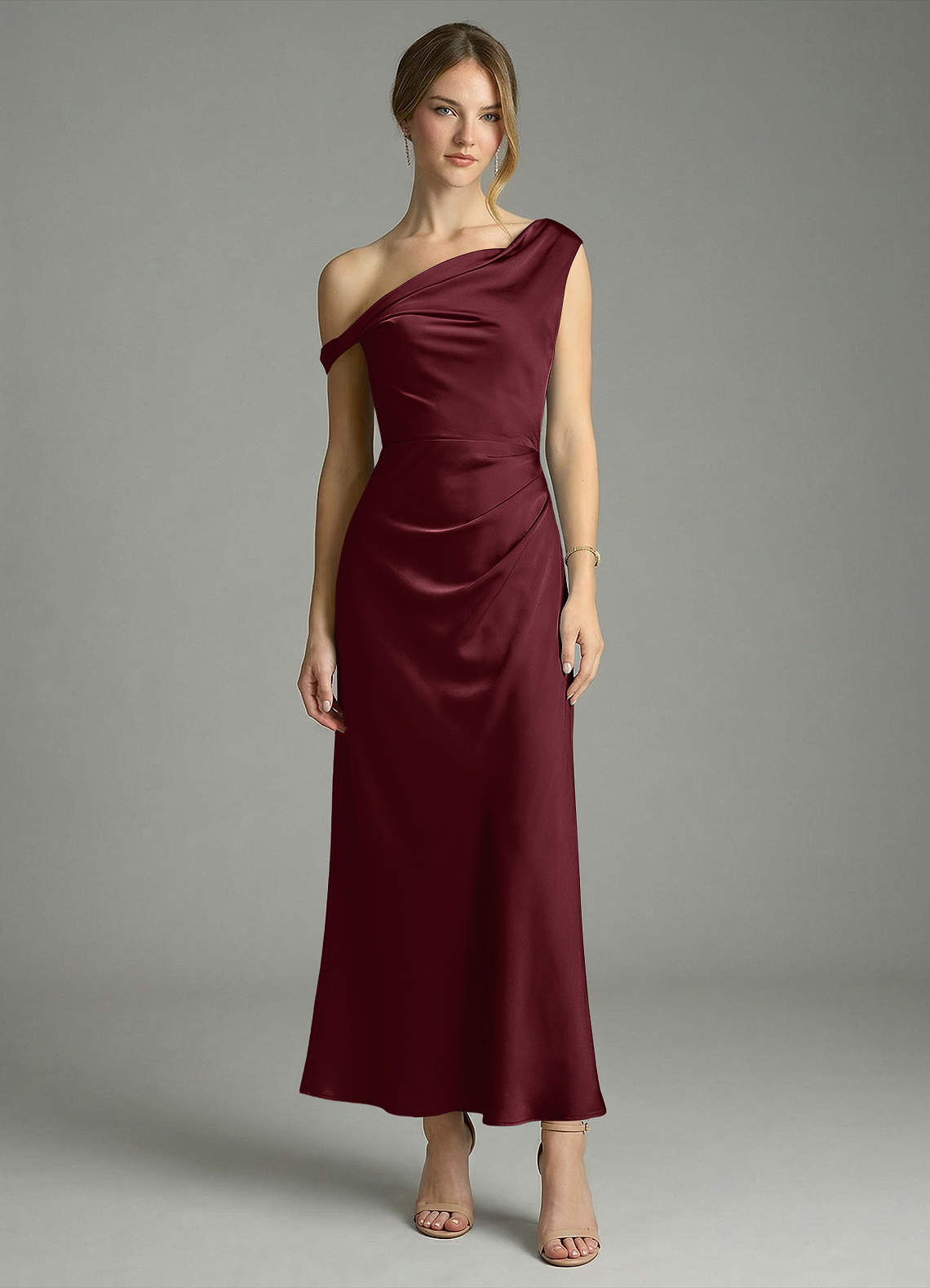Azazie Emerson Bridesmaid Dresses Cabernet Mermaid Off the Shoulder Stretch Satin Dress image4