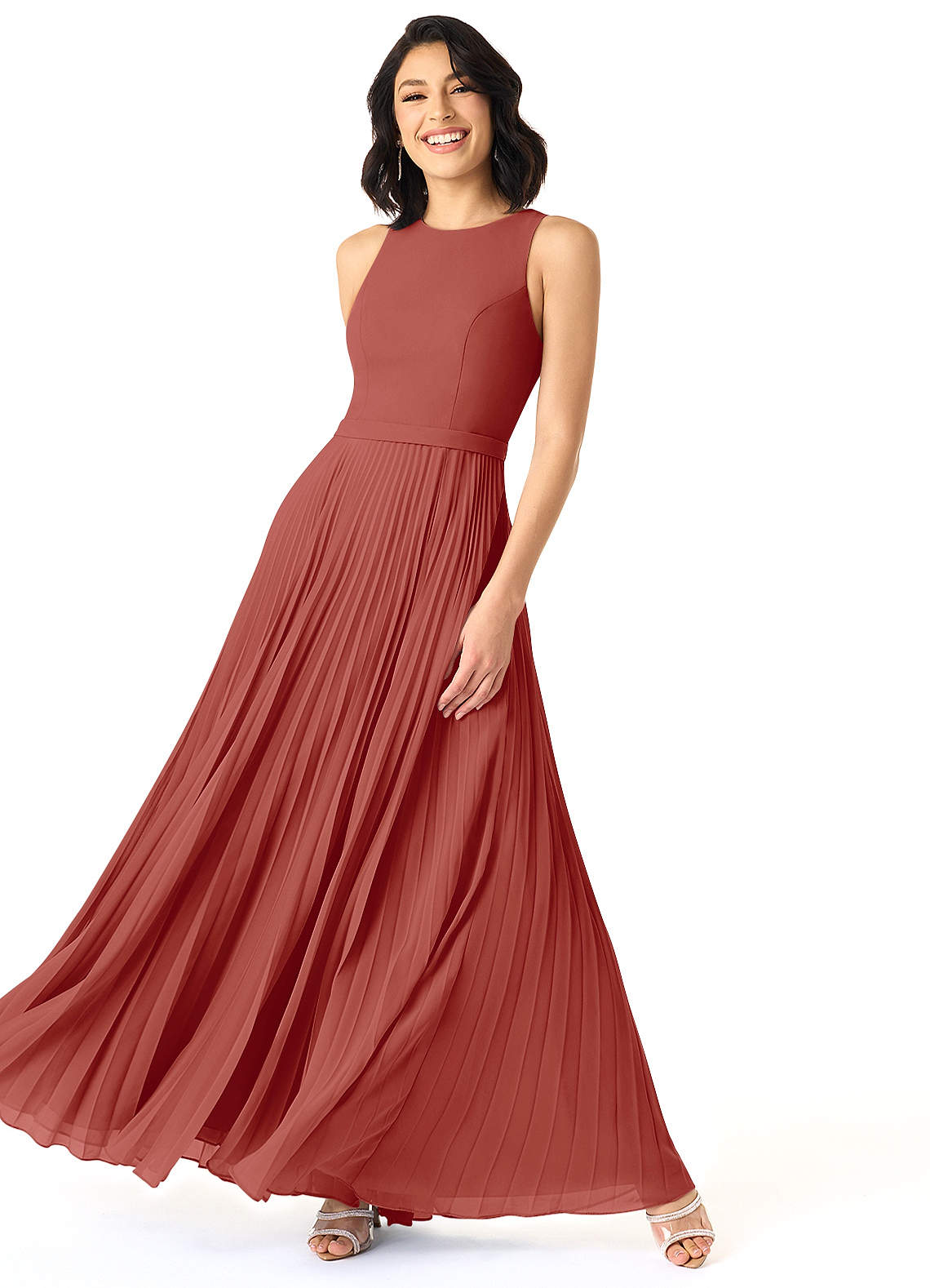 Azazie Lindie Robes de demoiselle d'honneur Robe Trapèze en Mousseline de soie Plissé à encolure dégagée Terracotta image2