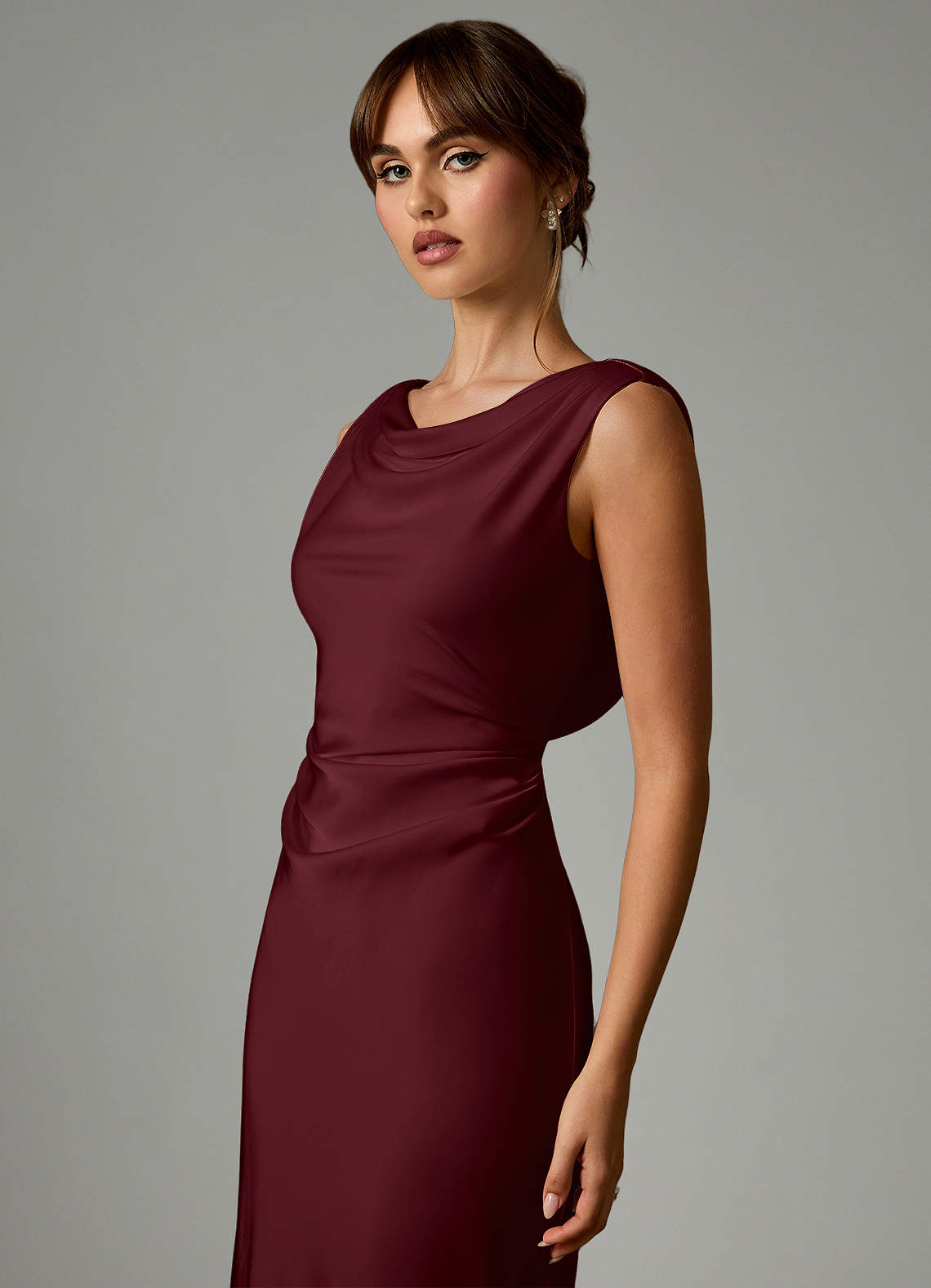 Azazie Kieryn Bridesmaid Dresses Cabernet Mermaid Pleated Stretch Satin Dress image5