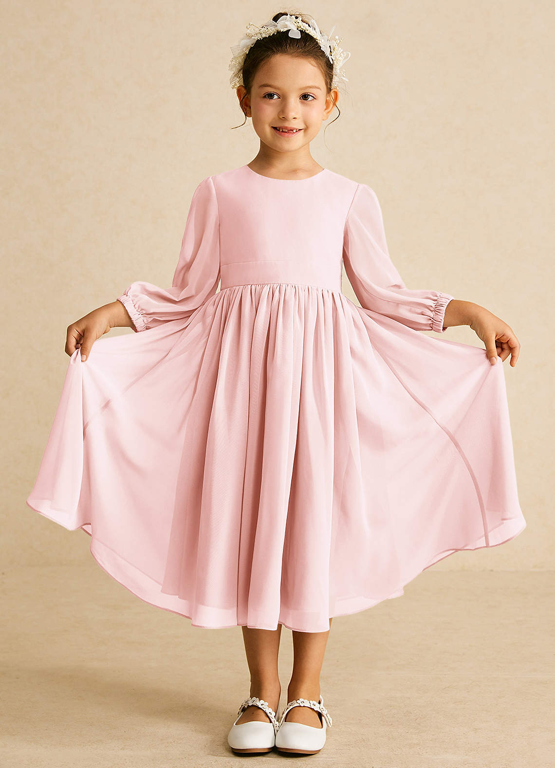 Azazie Lolo Abiti da Ragazza di Fiori Abito A-Line in Chiffon Con Maniche Rosa Rossore image2