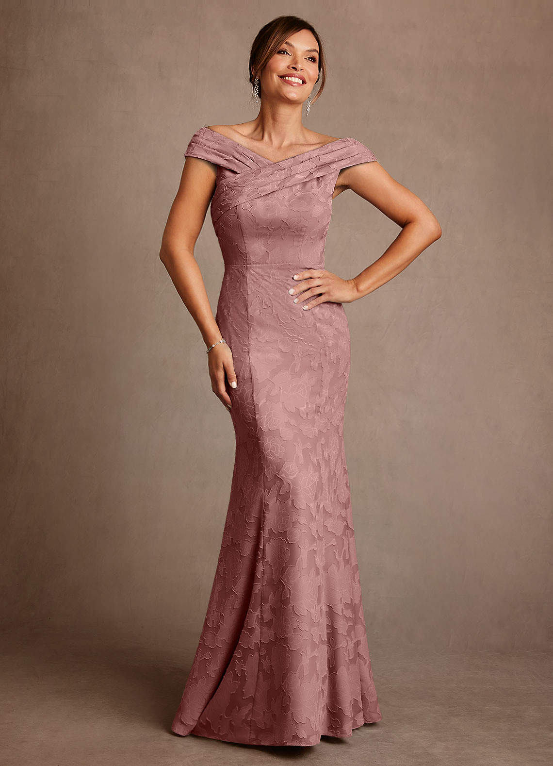 Azazie Aberdeen Mother of the Bride Dresses Dusty Rose Sheath Pleated Floral Burnout Dress image1
