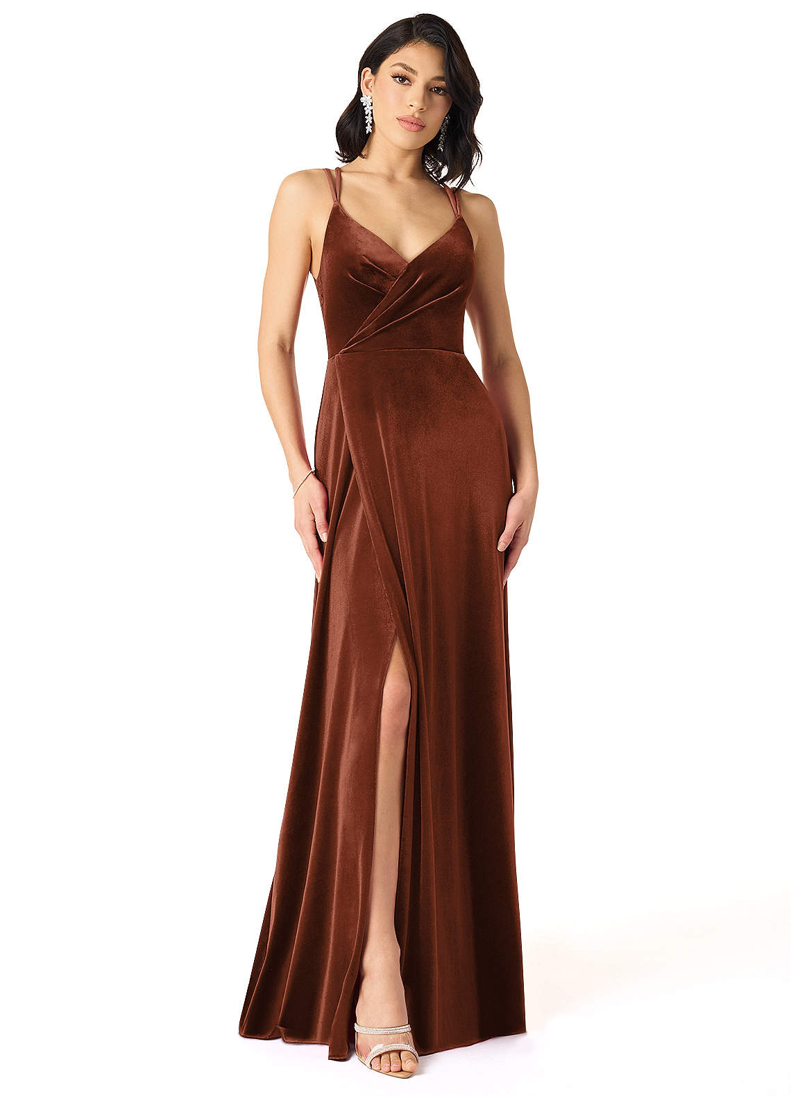 Azazie Hapa Bridesmaid Dresses Terracotta A-Line Lace Velvet Dress image1