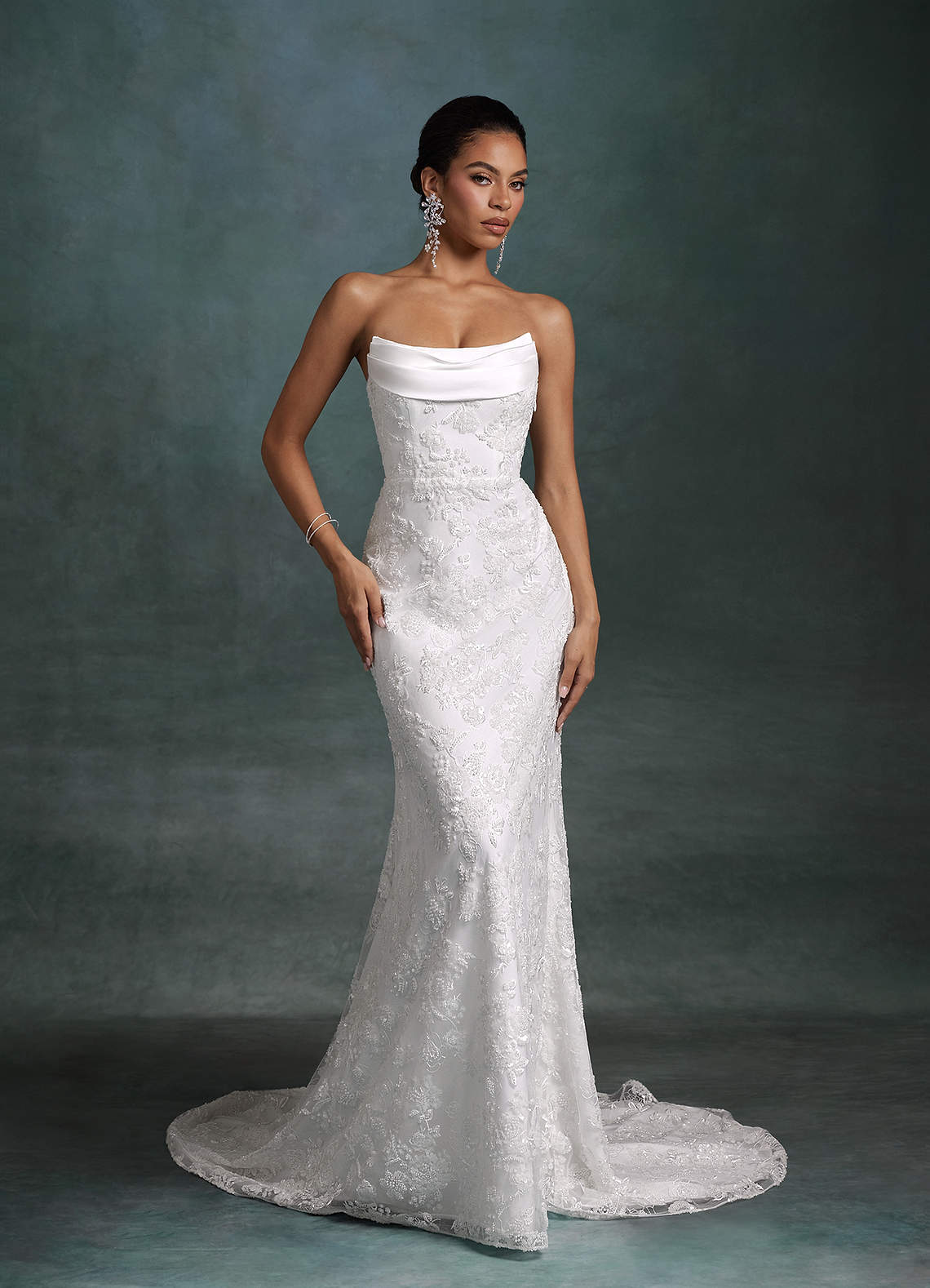 diamond glitter dress Azazie 2026 Fit and Flare Boho White Romantic Wedding Court Train Stretch Satin Strapless Beaded Black/Gold