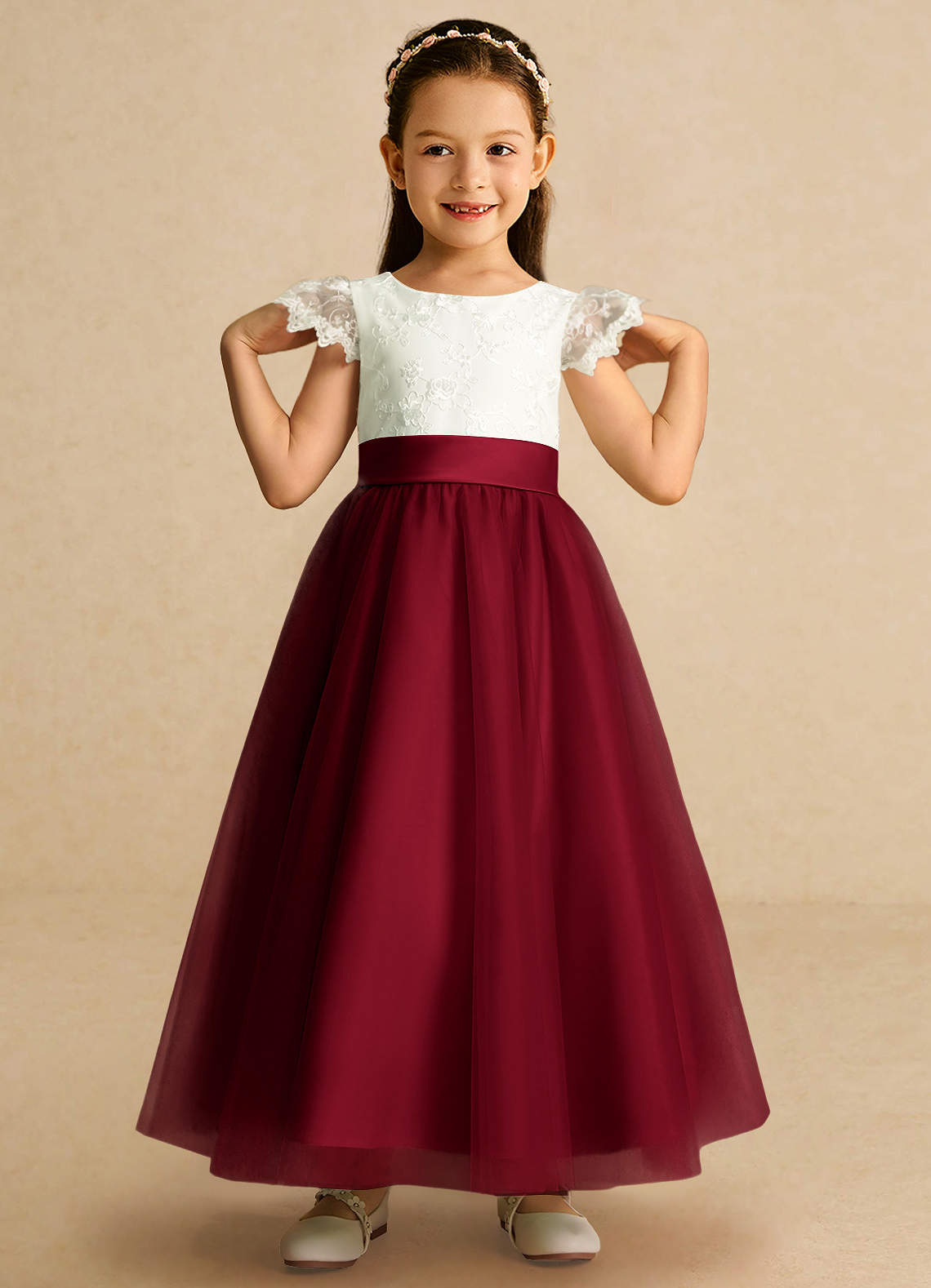 Azazie Pookie Flower Girl Dresses Burgundy A-Line Lace Tulle Dress image2