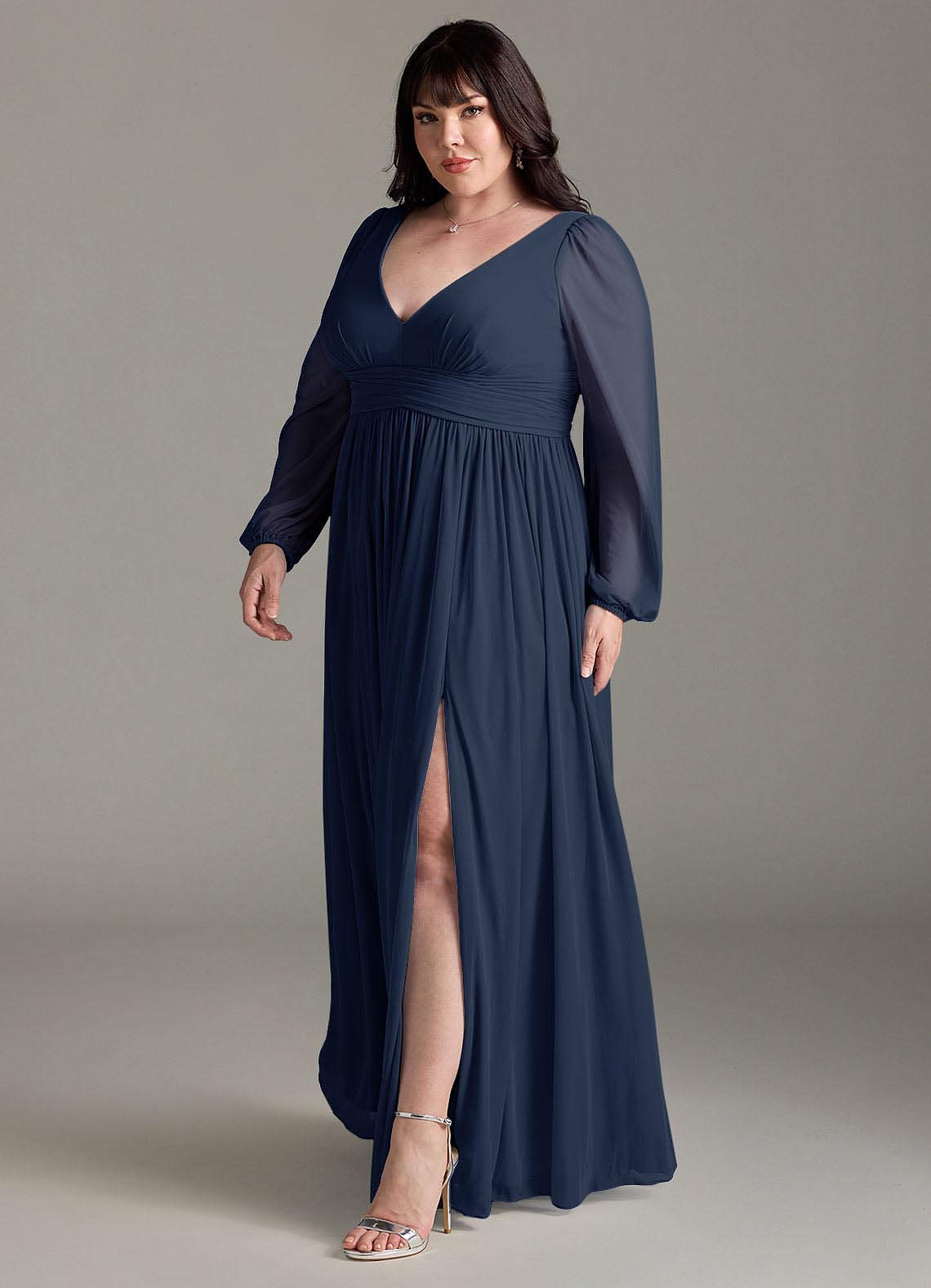 Azazie Norah Bridesmaid Dresses Dark Navy A-Line V-Neck Long Sleeve Chiffon Dress image10