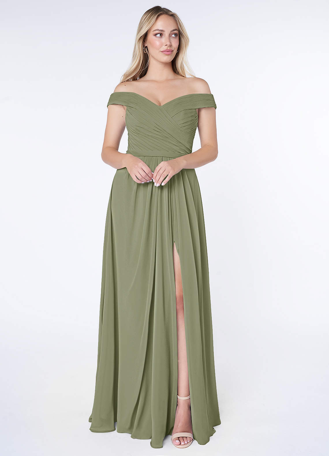 Azazie Audrianna Bridesmaid Dresses Pistachio A-Line Off-The-Shoulder Gathered Chiffon Convertible Dress image1