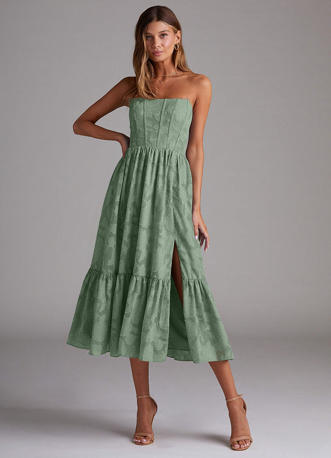 Azazie Delphina Bridesmaid Dresses Matcha A-Line Strapless Floral Burnout Convertible Dress image1